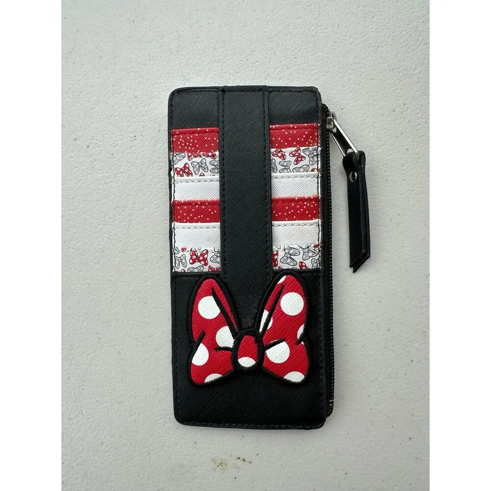 Disney Parks Minnie Mouse Polka Dot Bow Stripe Slim Credit Card ID Zip Wallet